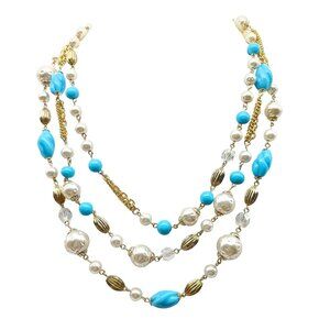 Vintage Triple Strand Faux Pearl & Turquoise Glass Beaded Necklace with Decorati